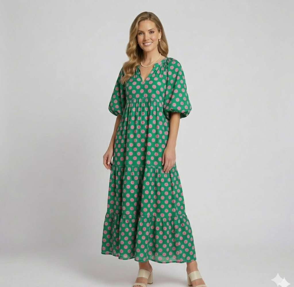 Covernorth Women's Puff Sleeve Geometric Print Tiered Maxi Dress