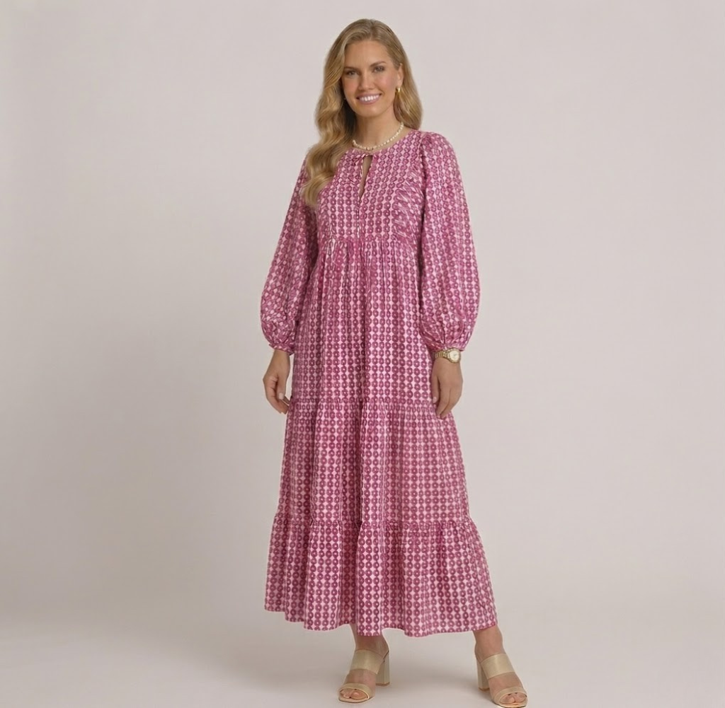 Covernorth Women's Puff Sleeve Geometric Print Tiered Maxi Dress