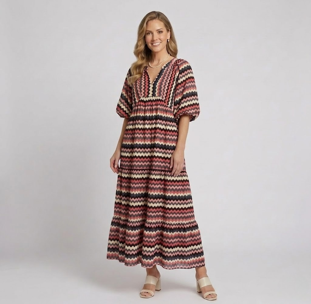Covernorth Women's Puff Sleeve Geometric Print Tiered Maxi Dress
