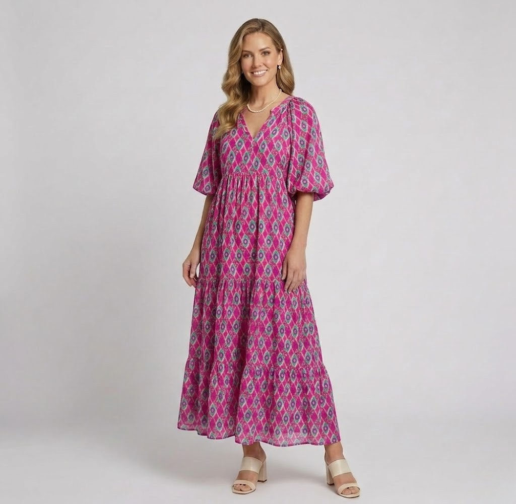 Covernorth Women's Puff Sleeve Geometric Print Tiered Maxi Dress