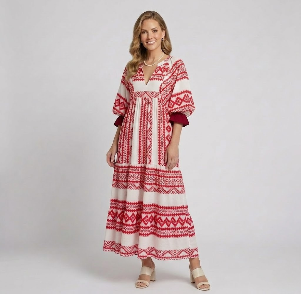 Covernorth Women's Puff Sleeve Geometric Print Tiered Maxi Dress