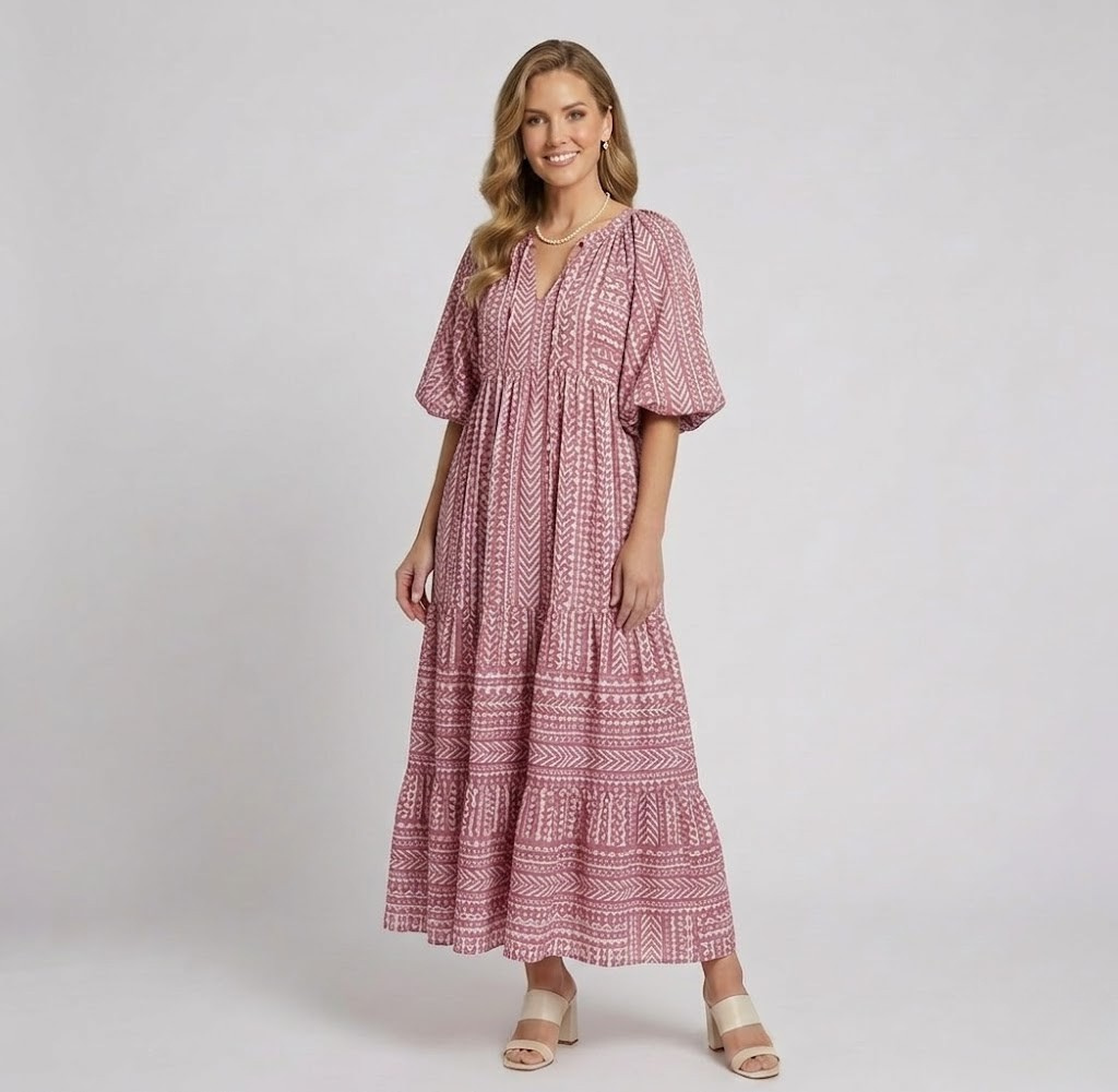 Covernorth Women's Puff Sleeve Geometric Print Tiered Maxi Dress