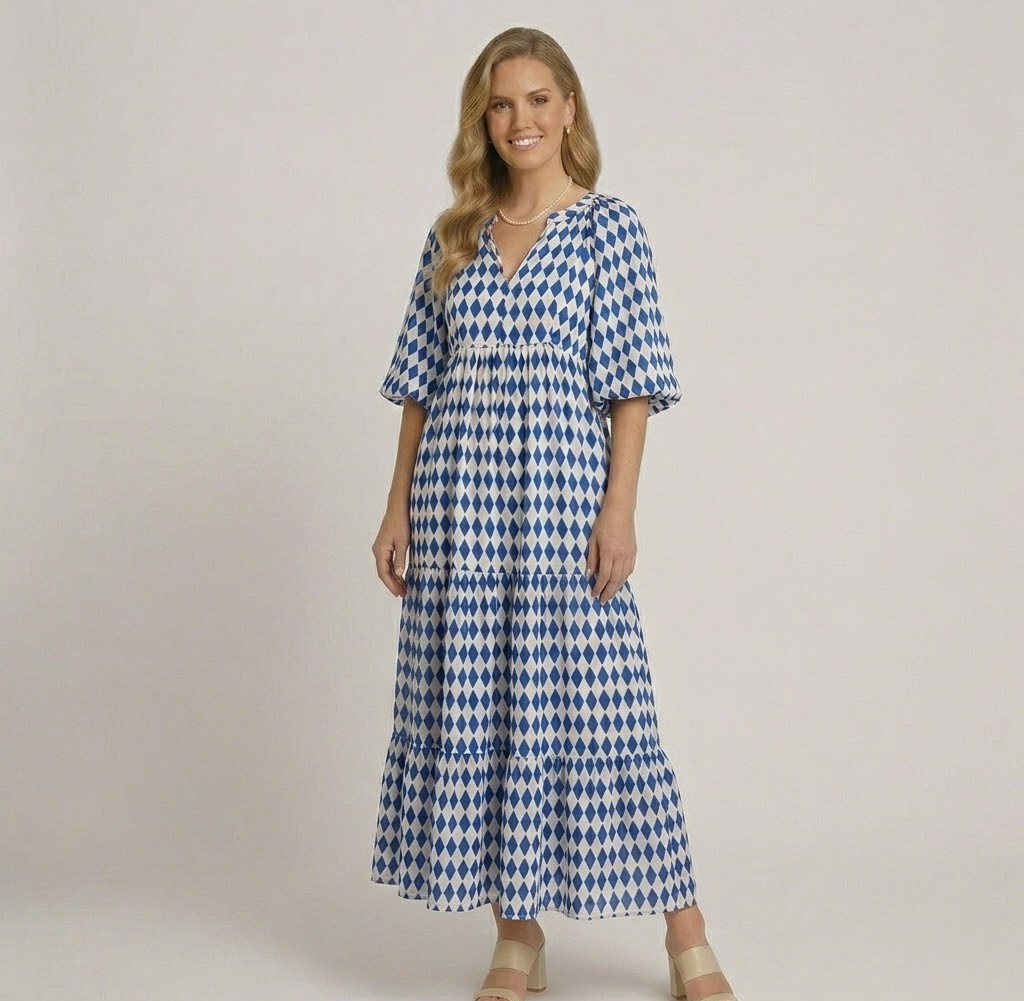 Covernorth Women's Puff Sleeve Geometric Print Tiered Maxi Dress