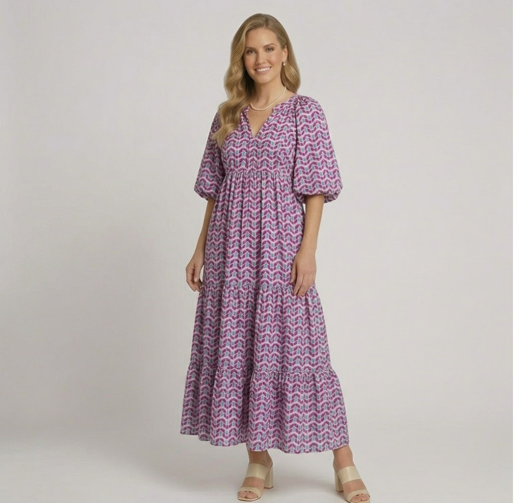 Covernorth Women's Puff Sleeve Geometric Print Tiered Maxi Dress