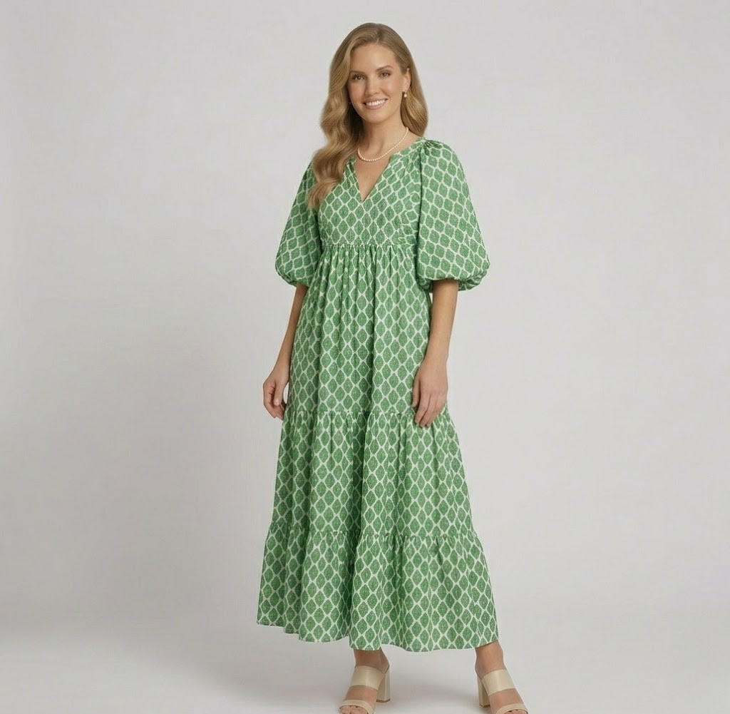 Covernorth Women's Puff Sleeve Geometric Print Tiered Maxi Dress
