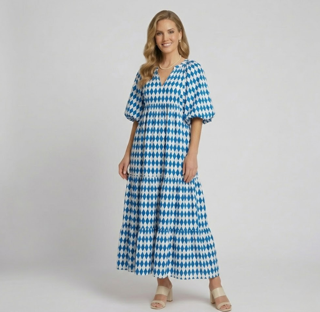 Covernorth Women's Puff Sleeve Geometric Print Tiered Maxi Dress