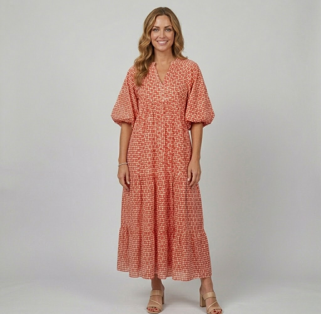 Covernorth Women's Puff Sleeve Geometric Print Tiered Maxi Dress