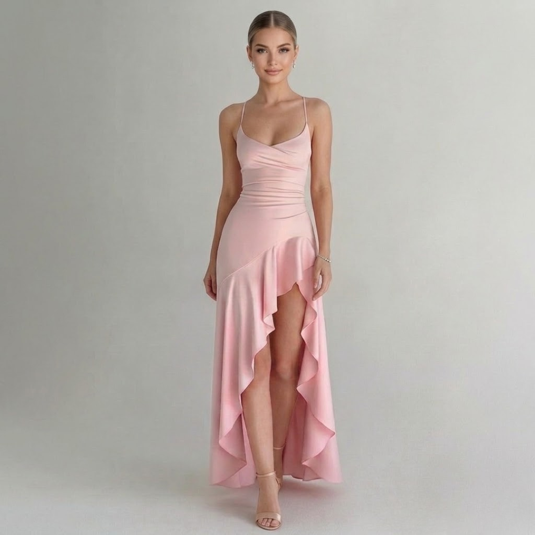 Covernorth Women's Ruched Satin High-Low Ruffle Gown