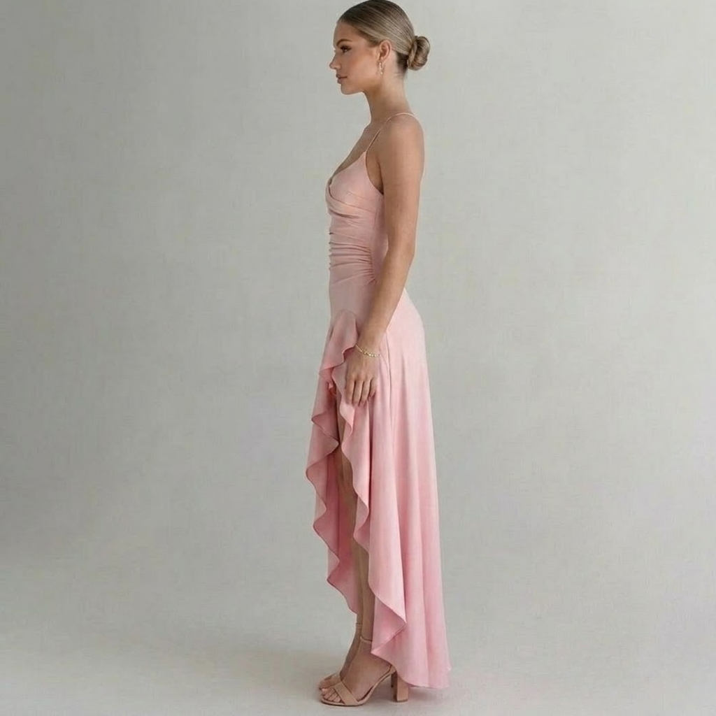 Covernorth Women's Ruched Satin High-Low Ruffle Gown