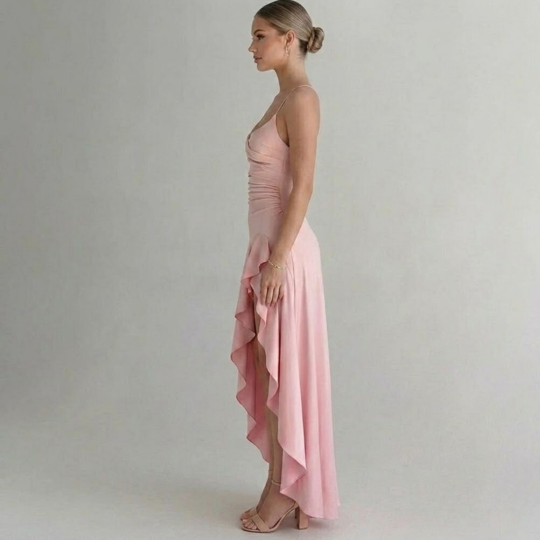 Covernorth Women's Ruched Satin High-Low Ruffle Gown