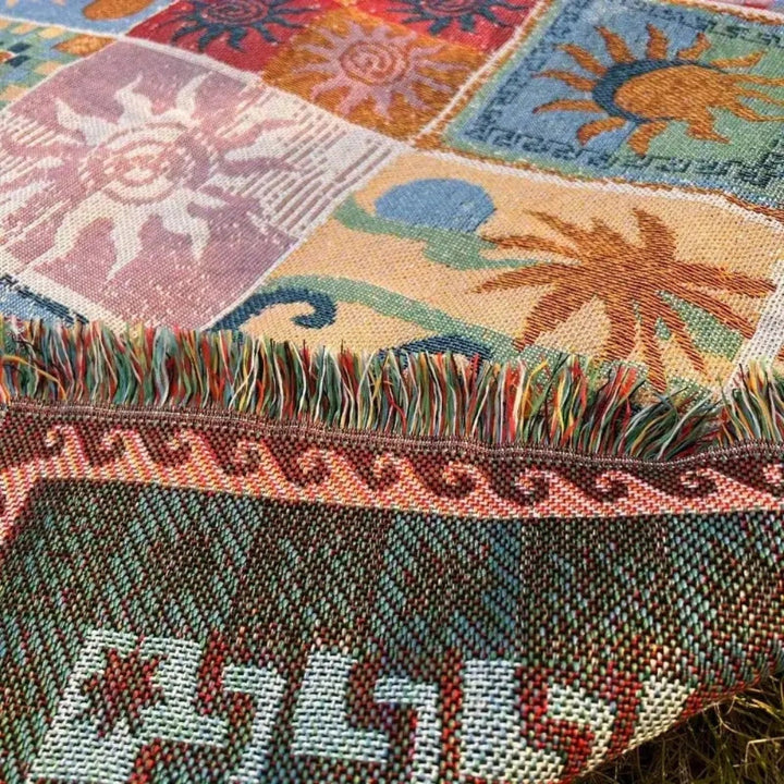 Boho Sun & Wave Tapestry Throw | Woven Cotton Blanket | Picnics & Beach | Multi
