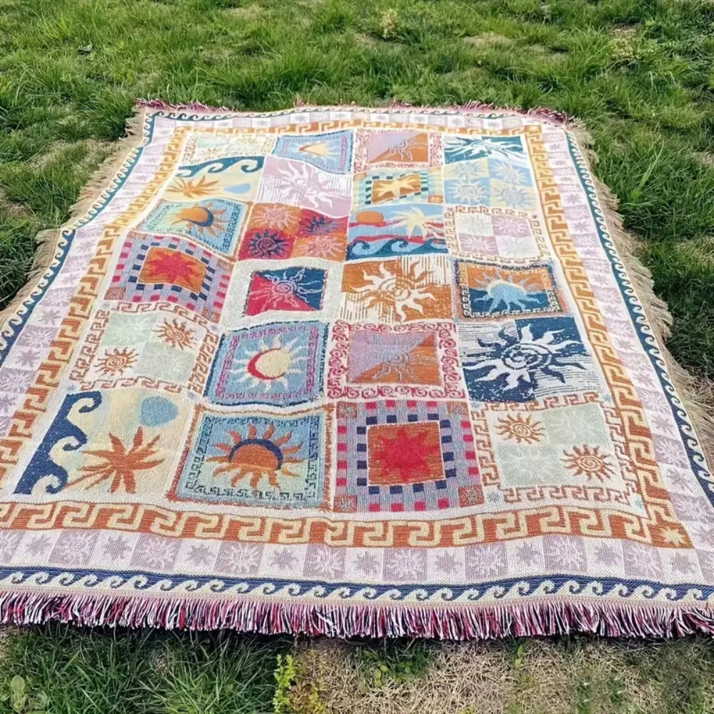 Boho Sun & Wave Tapestry Throw | Woven Cotton Blanket | Picnics & Beach | Multi