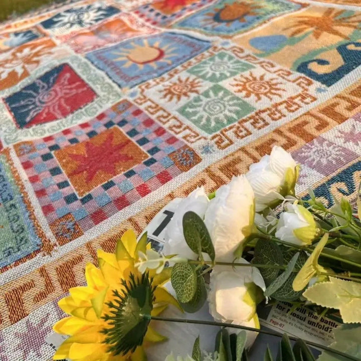 Boho Sun & Wave Tapestry Throw | Woven Cotton Blanket | Picnics & Beach | Multi