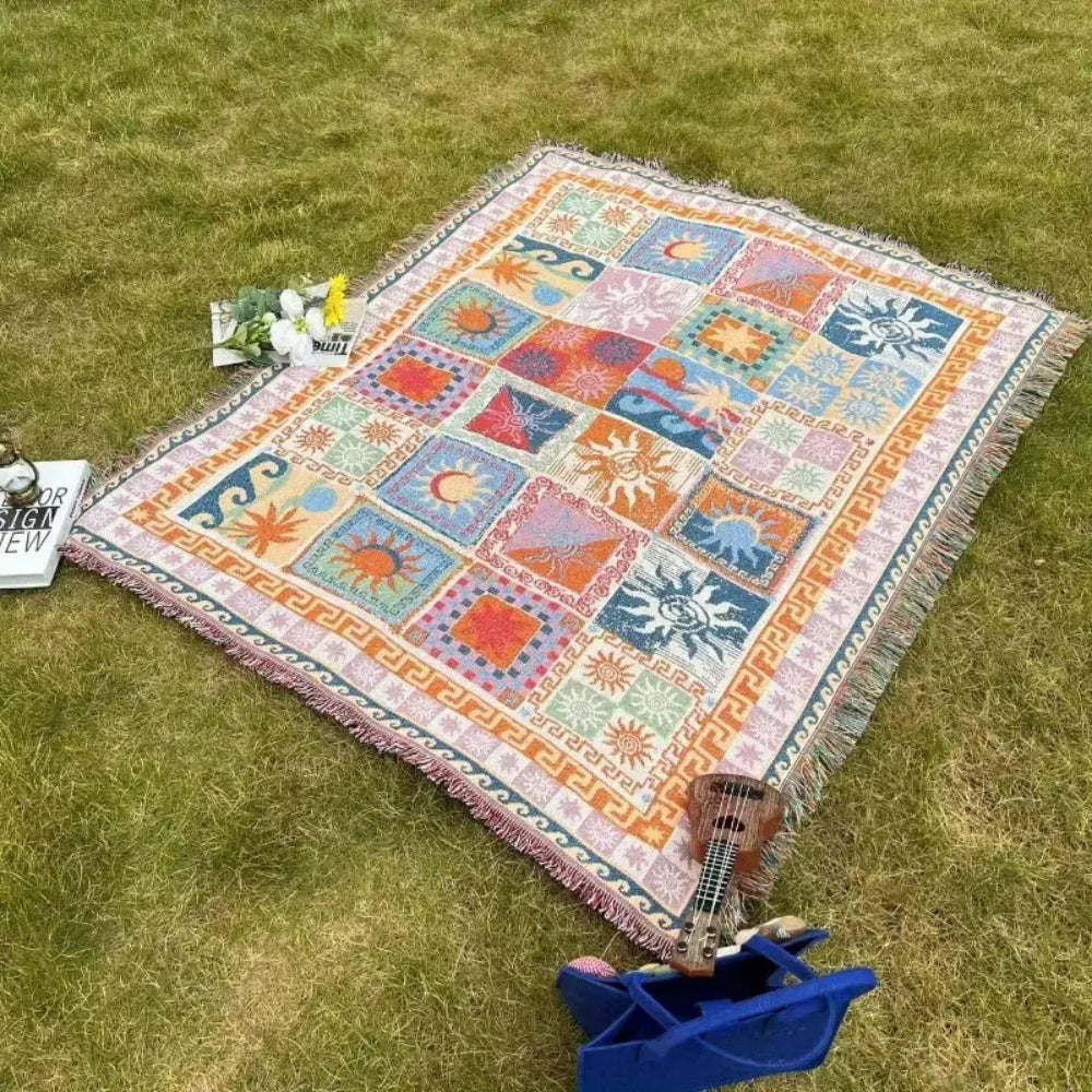 Boho Sun & Wave Tapestry Throw | Woven Cotton Blanket | Picnics & Beach | Multi