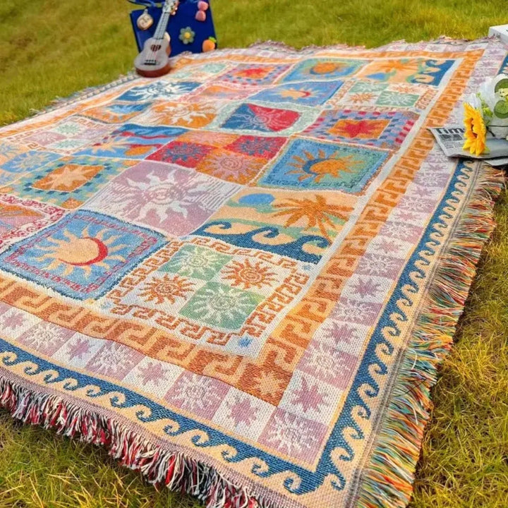 Boho Sun & Wave Tapestry Throw | Woven Cotton Blanket | Picnics & Beach | Multi