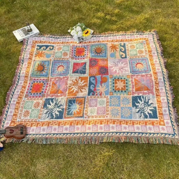 Boho Sun & Wave Tapestry Throw | Woven Cotton Blanket | Picnics & Beach | Multi
