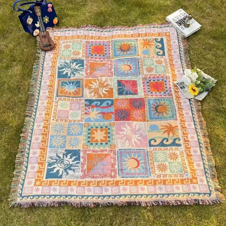 Boho Sun & Wave Tapestry Throw | Woven Cotton Blanket | Picnics & Beach | Multi