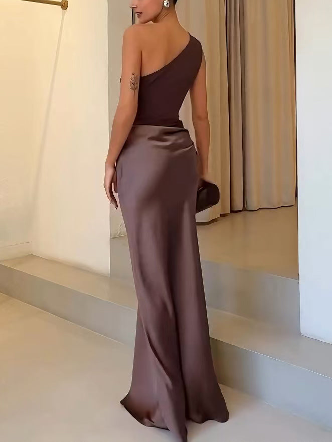 Covernorth One-Shoulder Ruched Satin Maxi Dress