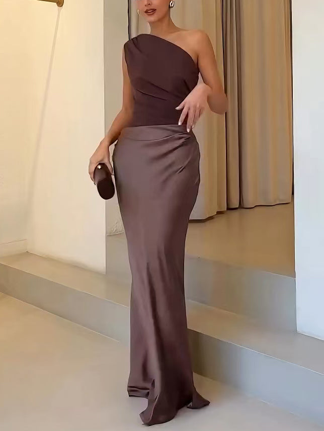 Covernorth One-Shoulder Ruched Satin Maxi Dress