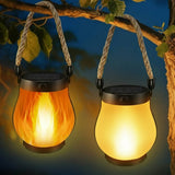 Solar Lantern | Flickering Flame, Rope Handle | Patio Garden Light | Black