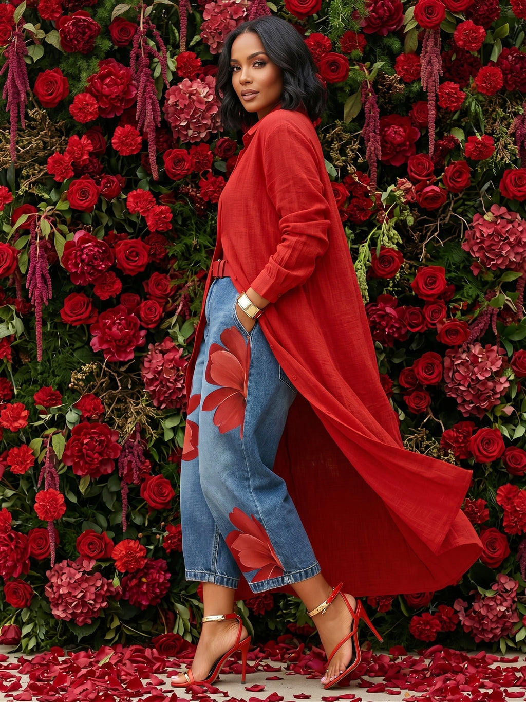 Women's Floral Print Wide-Leg Jeans