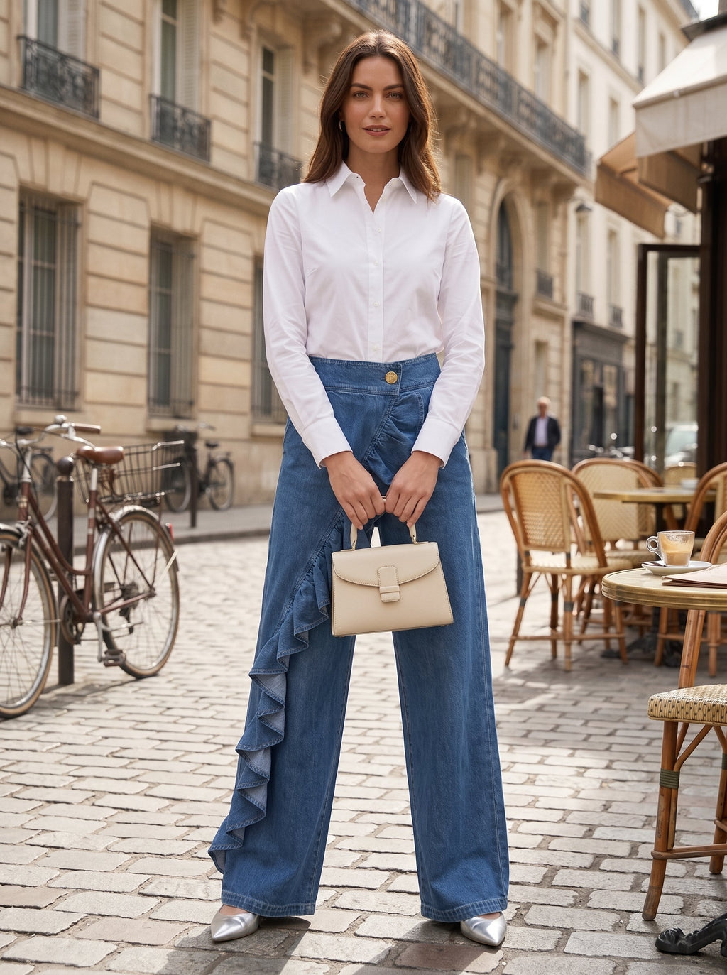 Women's Ruffle-Trim Wide-Leg Denim Trousers