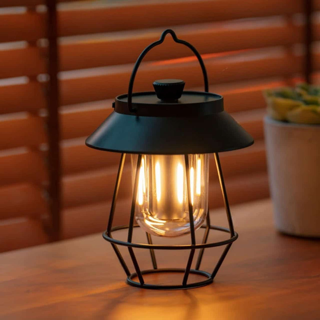 Retro Lantern Table Lamp │ Rechargeable Warm Glow │ Patio │ Black