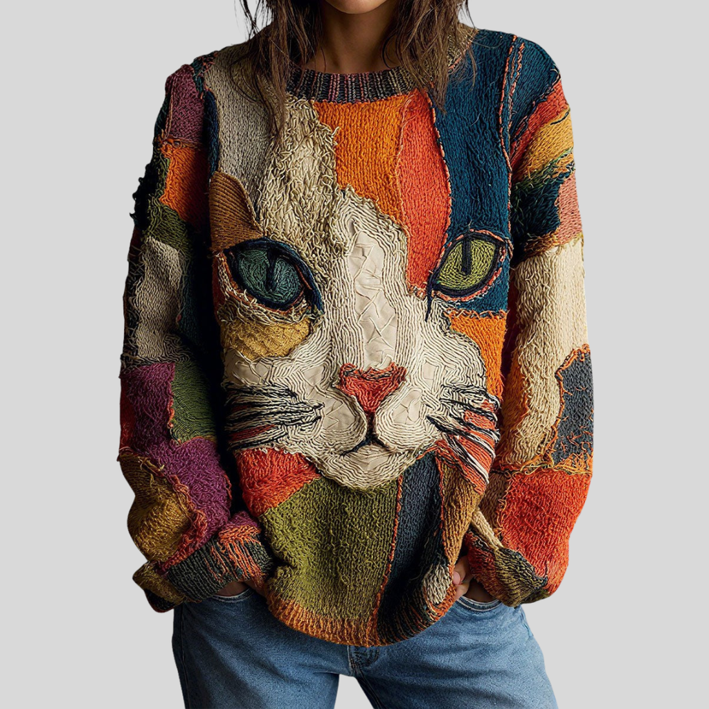 Women's Textured Cat Graphic Crewneck Sweater