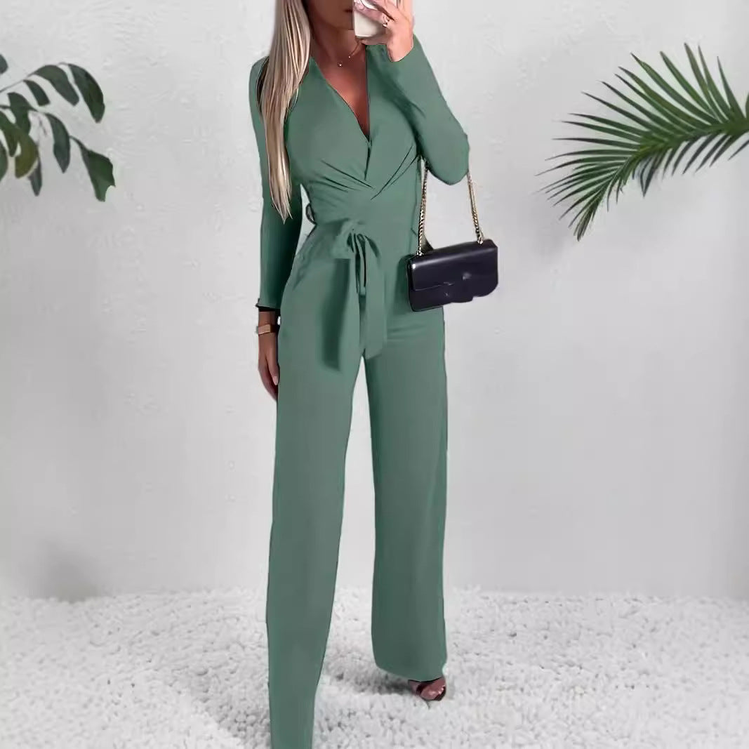 Covernorth Women’s V-Neck Belted Long Sleeve Jumpsuit