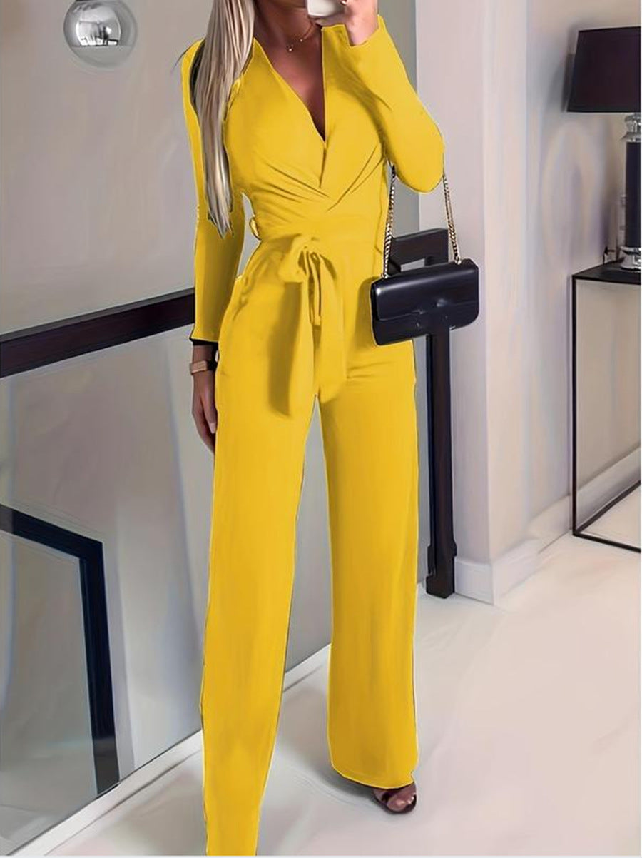 Covernorth Women’s V-Neck Belted Long Sleeve Jumpsuit