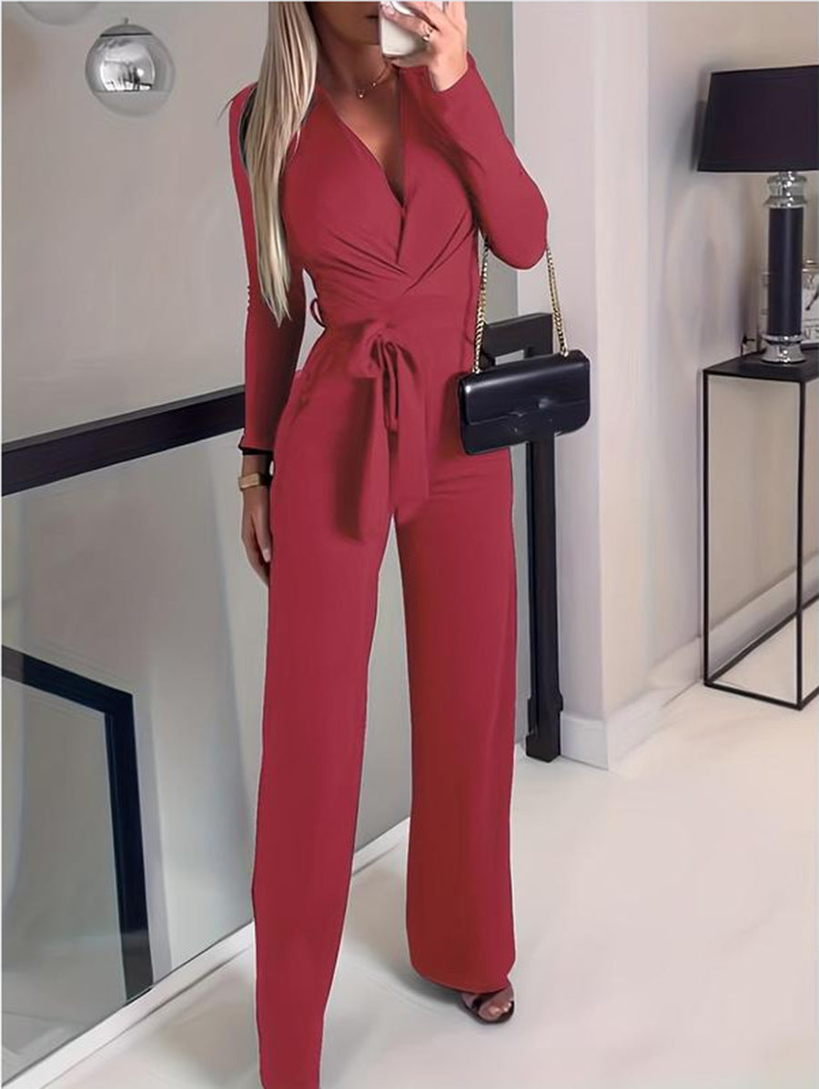 Covernorth Women’s V-Neck Belted Long Sleeve Jumpsuit