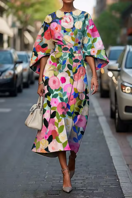 Women’s Vibrant Floral Kimono-Sleeve Midi Dress