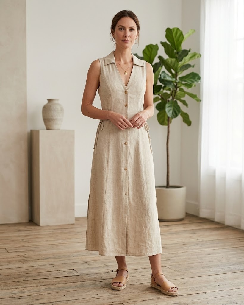 Covernorth Women's Sleeveless Button-Down Linen Midi Dress