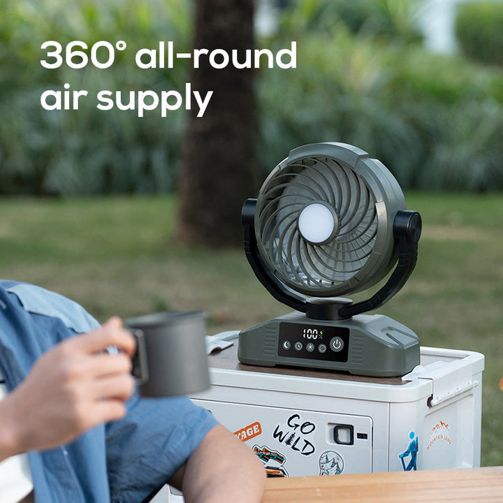 Portable Camping Fan │ 360° Airflow & LED Light │ Outdoor & Tent