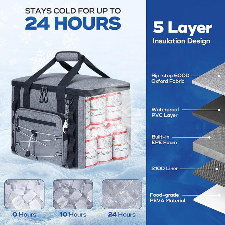 Insulated Cooler Bag | Leakproof 24H Cold Storage | Camping & Beach | Grey