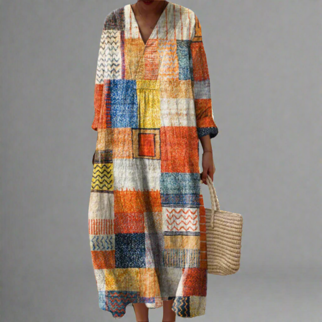 Covernorth Women's Patchwork Print V-Neck Maxi Dress