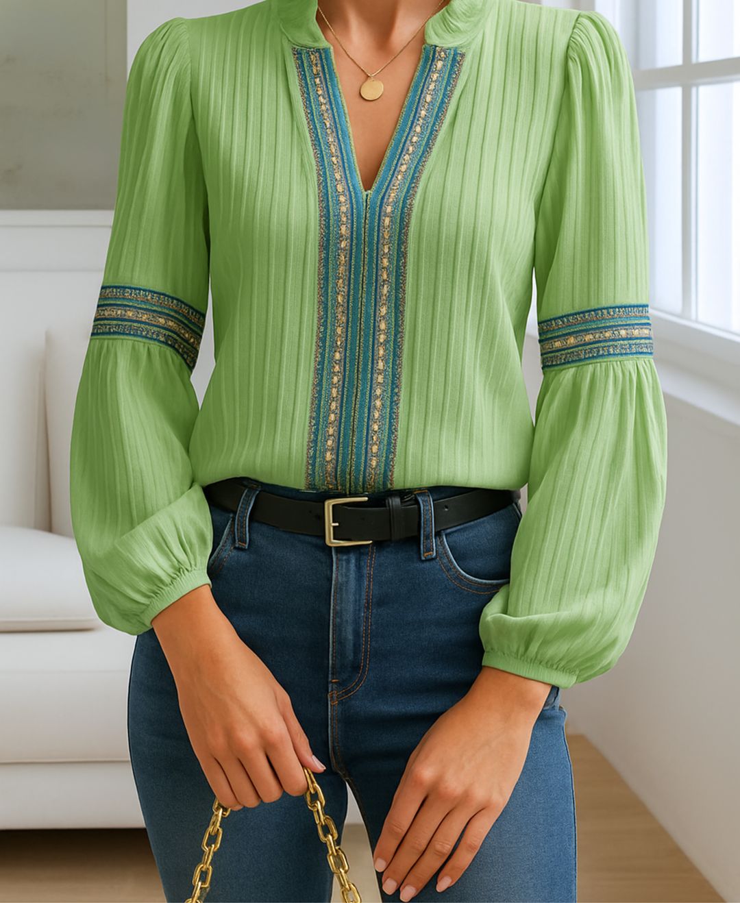 Women’s Ruffled-Neck Embroidered Long-Sleeve Blouse