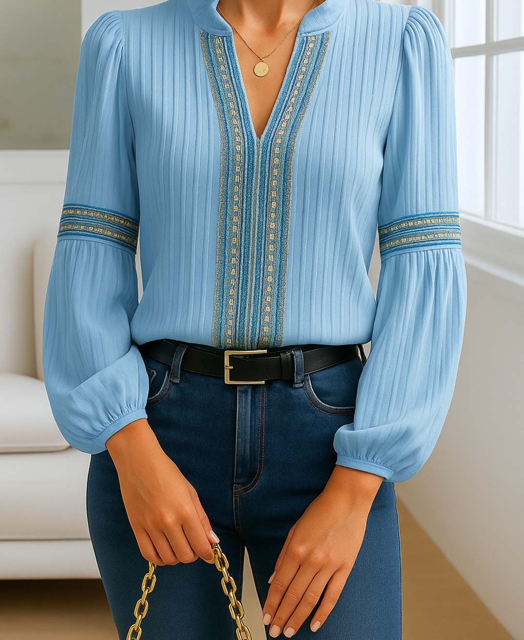 Women’s Ruffled-Neck Embroidered Long-Sleeve Blouse