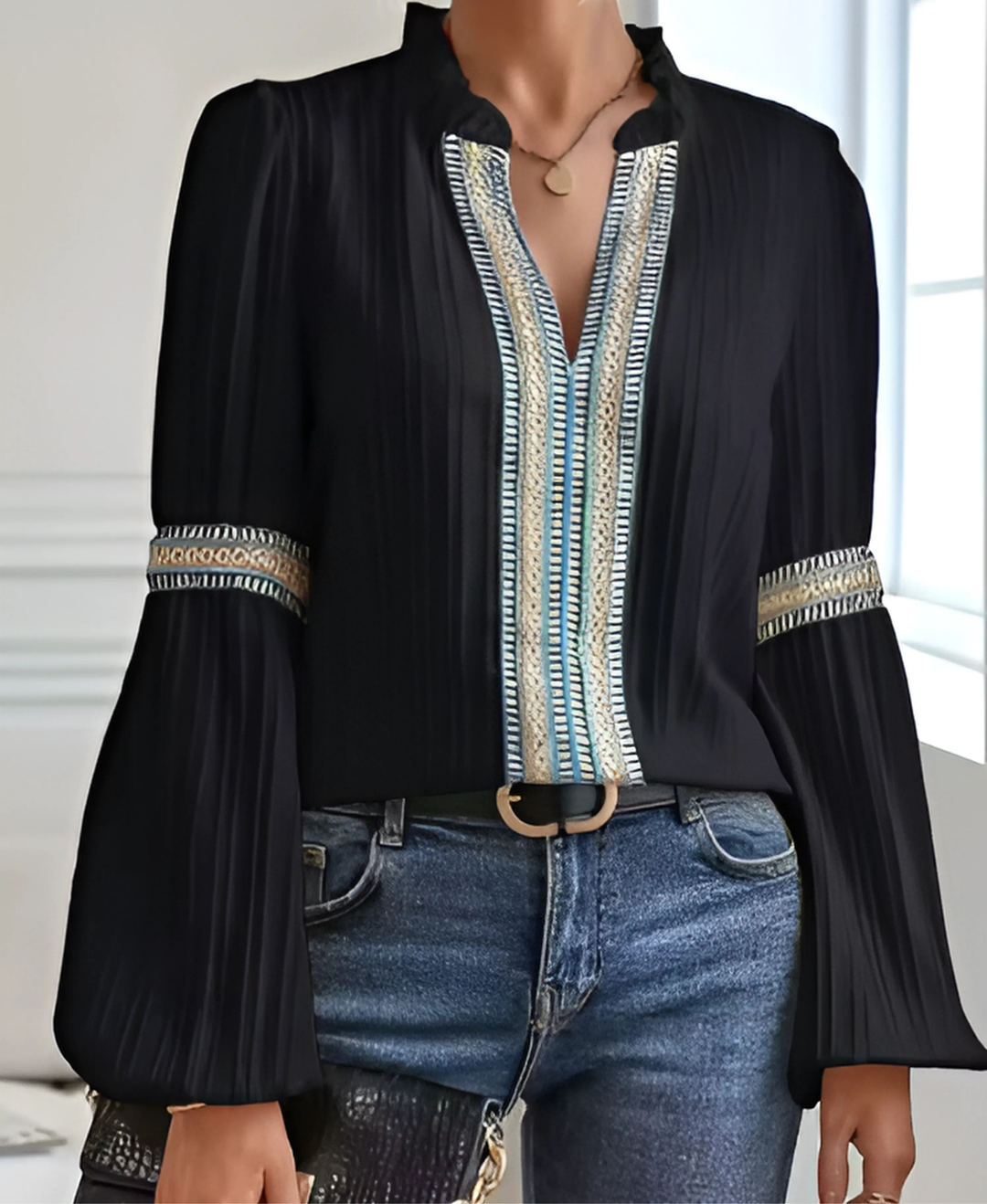 Women’s Ruffled-Neck Embroidered Long-Sleeve Blouse