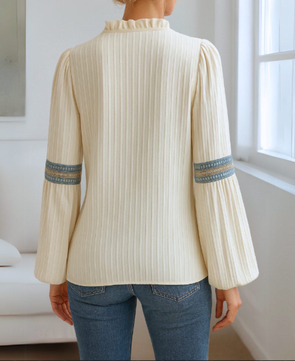 Women’s Ruffled-Neck Embroidered Long-Sleeve Blouse