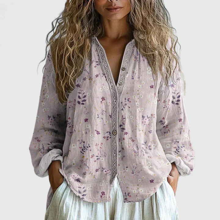 Women's Floral Print Linen V-Neck Blouse
