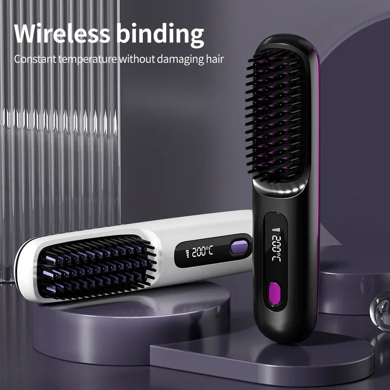 Cordless Hair Straightener Brush | USB-C Heat & LCD | Travel Styling