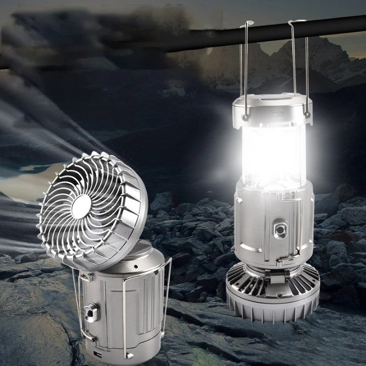Solar Camping Fan | Rechargeable LED Light | Tent & Outdoor | Silver