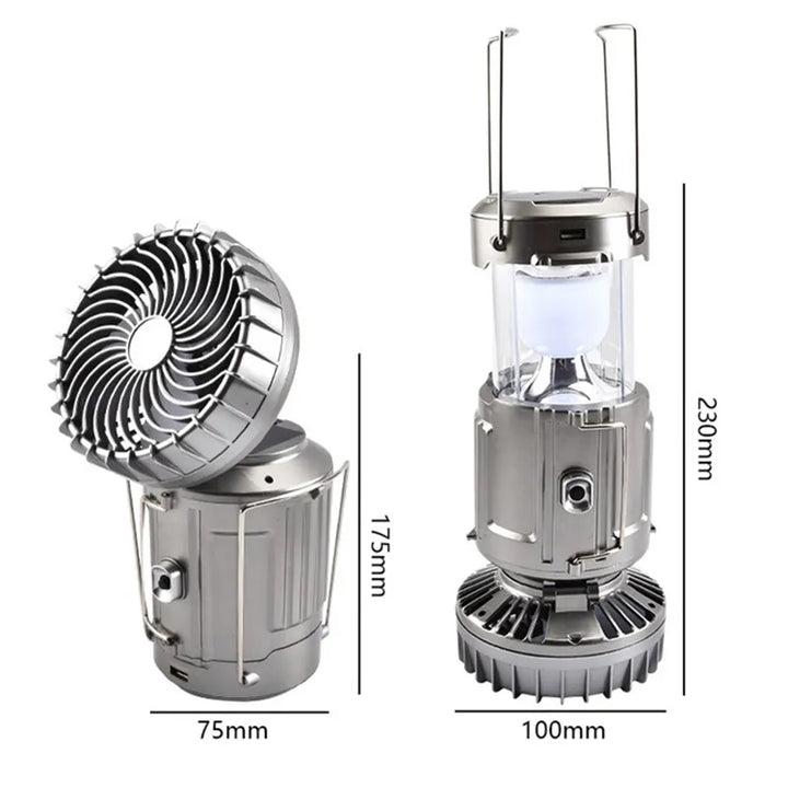 Solar Camping Fan | Rechargeable LED Light | Tent & Outdoor | Silver