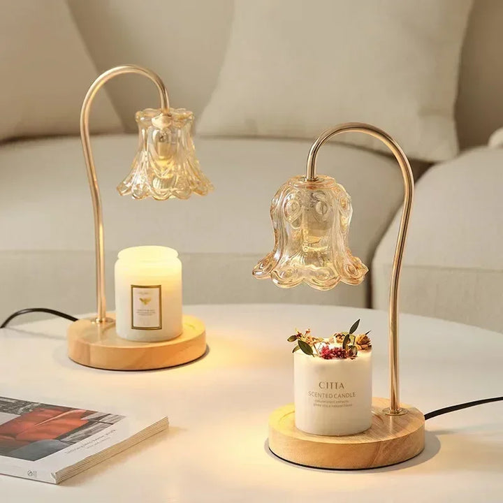 Glass Flower Candle Warmer Lamp | Dimmable | Wood & Gold Base