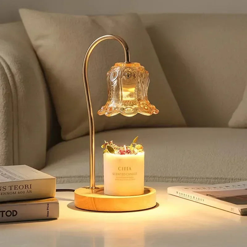 Glass Flower Candle Warmer Lamp | Dimmable | Wood & Gold Base