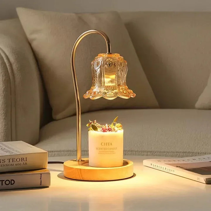 Glass Flower Candle Warmer Lamp | Dimmable | Wood & Gold Base