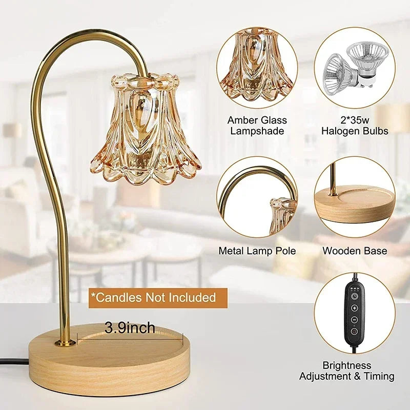 Glass Flower Candle Warmer Lamp | Dimmable | Wood & Gold Base
