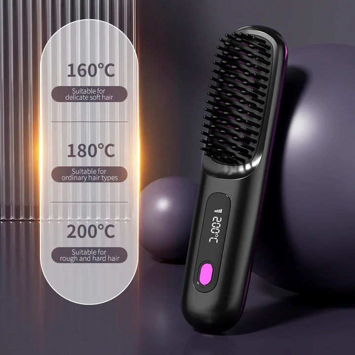 Cordless Hair Straightener Brush | USB-C Heat & LCD | Travel Styling