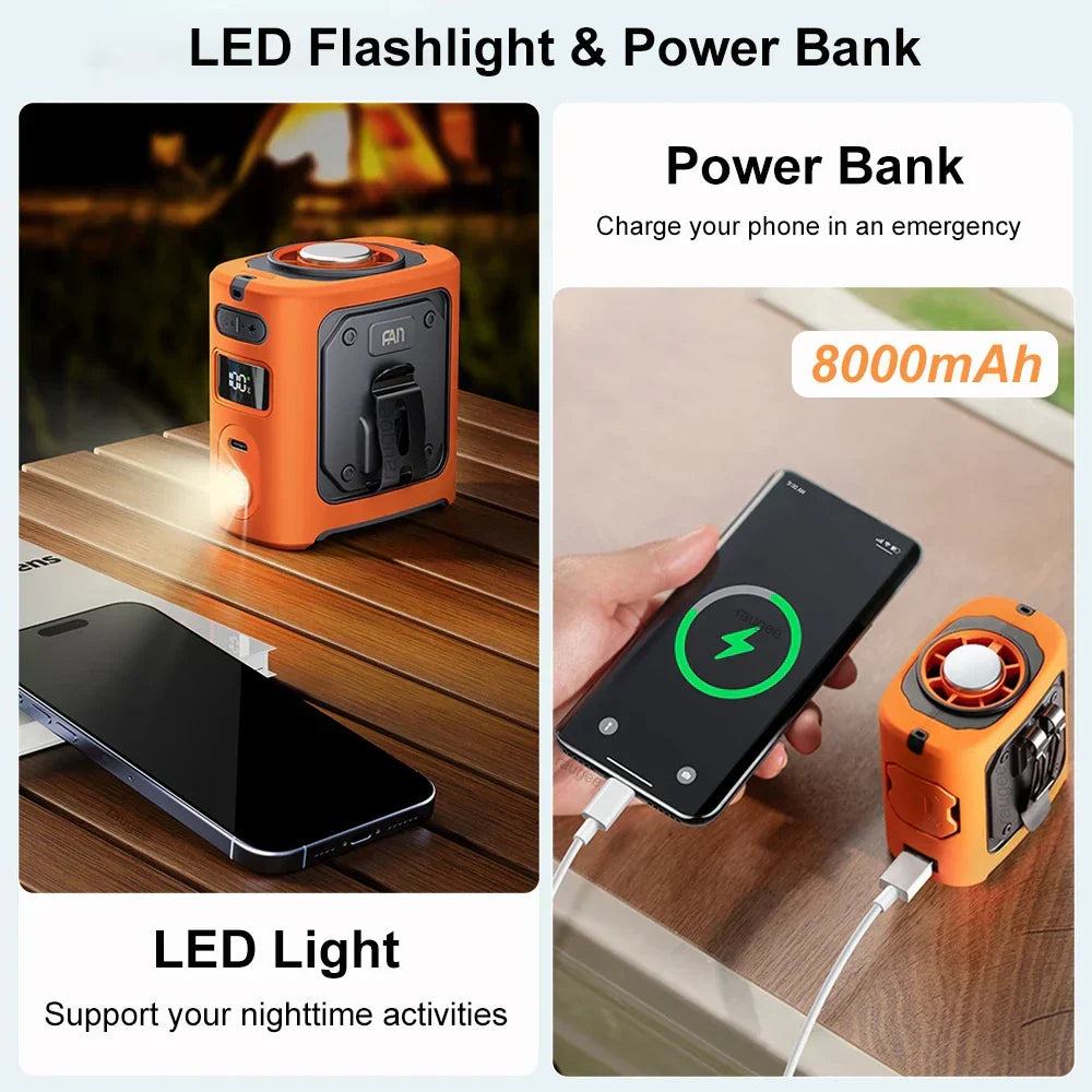 Portable Waist Fan | 8000mAh Power Bank & LED | Outdoor Work & Hike